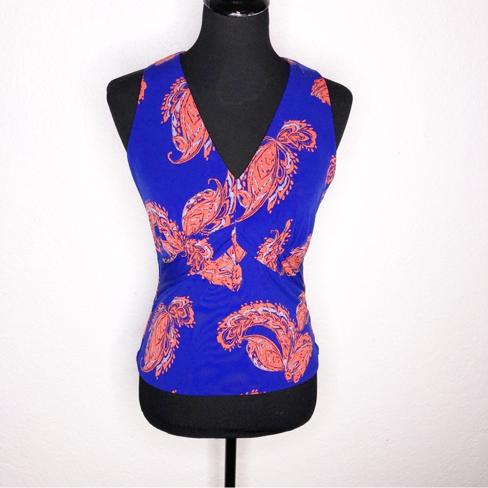WHBM blue orange paisley print sleeveless v neck top size Small